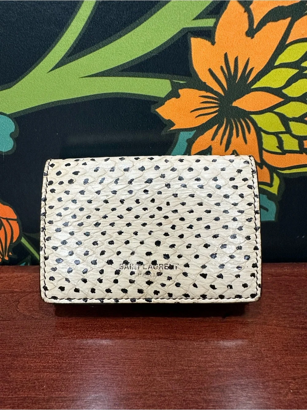 Saint Laurent Paris Python Compact Trifold Wallet Cream Black Exotic Leather - Picture 2 of 11